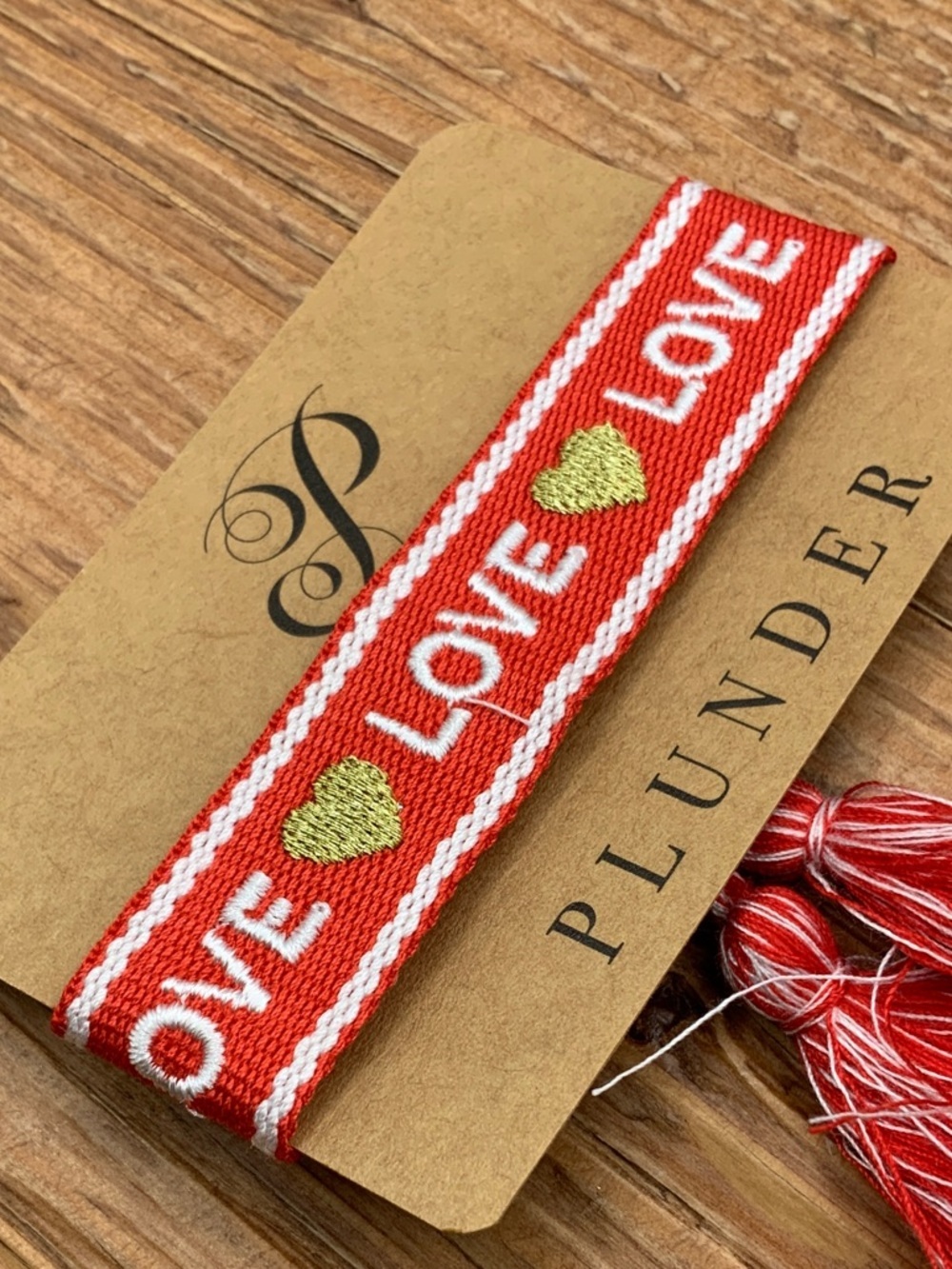 Plunder Design Embroidered White 'LOVE' Gold Hearts Woven Band Bracelet